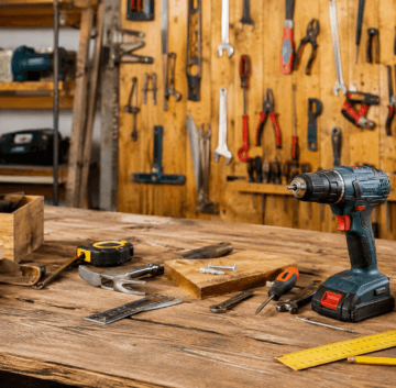 Établi d'atelier avec perceuse-visseuse, outils à main et planches de bois pour du petit bricolage à domicile