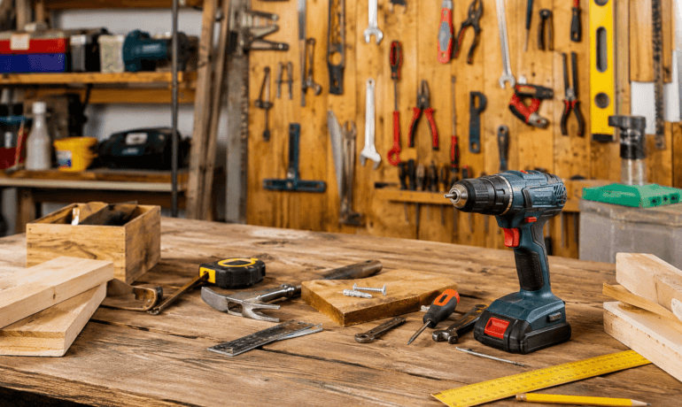 Établi d'atelier avec perceuse-visseuse, outils à main et planches de bois pour du petit bricolage à domicile