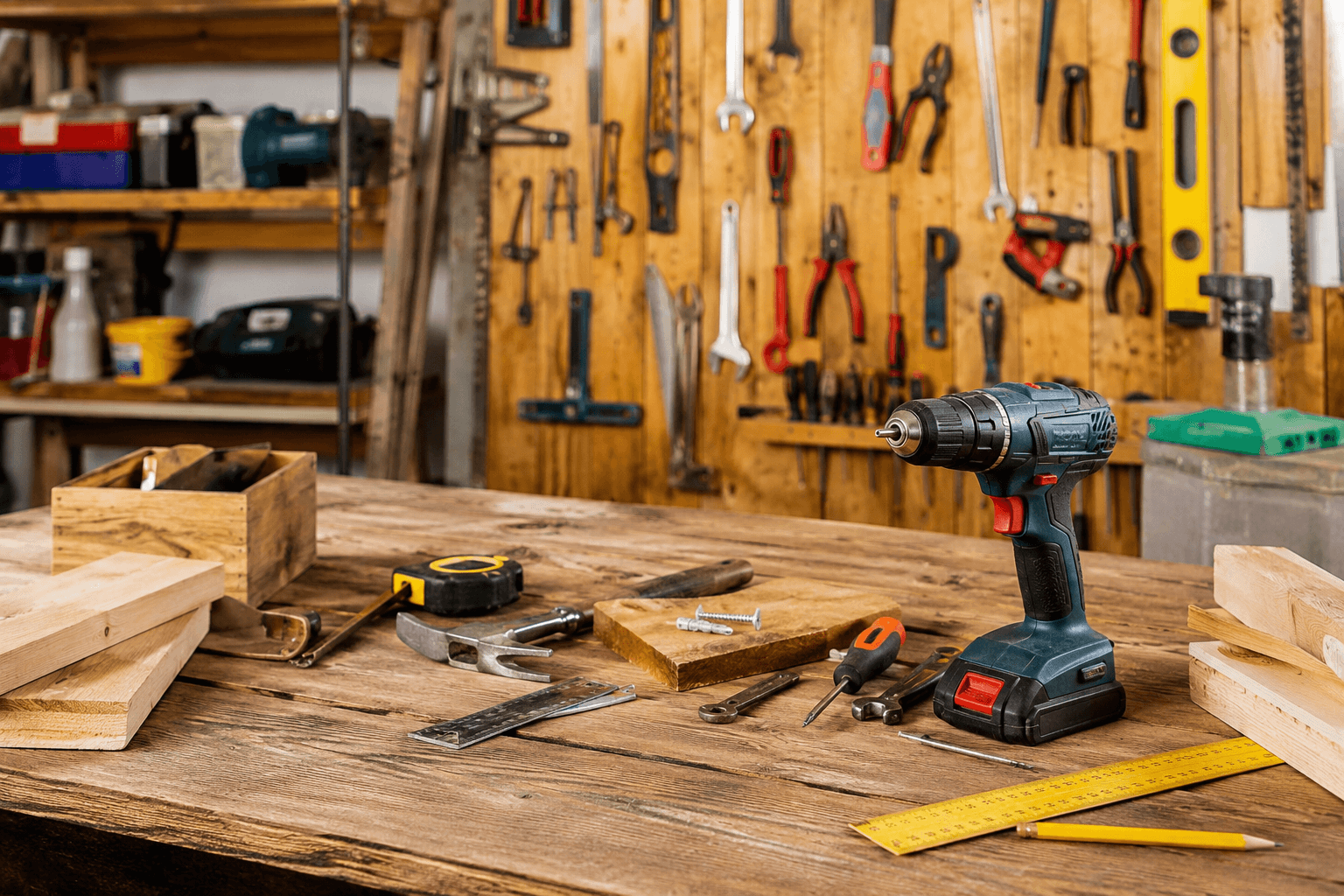 Établi d'atelier avec perceuse-visseuse, outils à main et planches de bois pour du petit bricolage à domicile